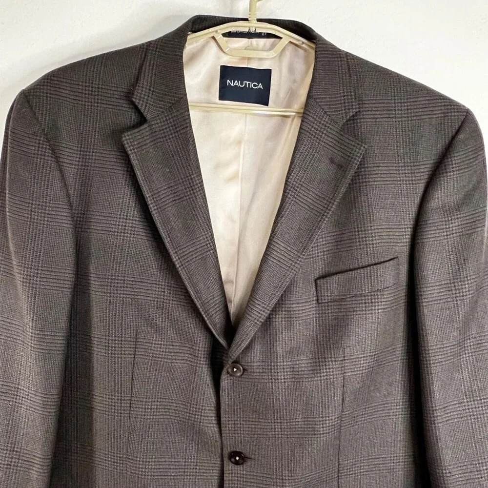 Nautica Mens Gray Tweed Plaid Wool Cashmere Blazer Jacket 46L Superior Tailoring